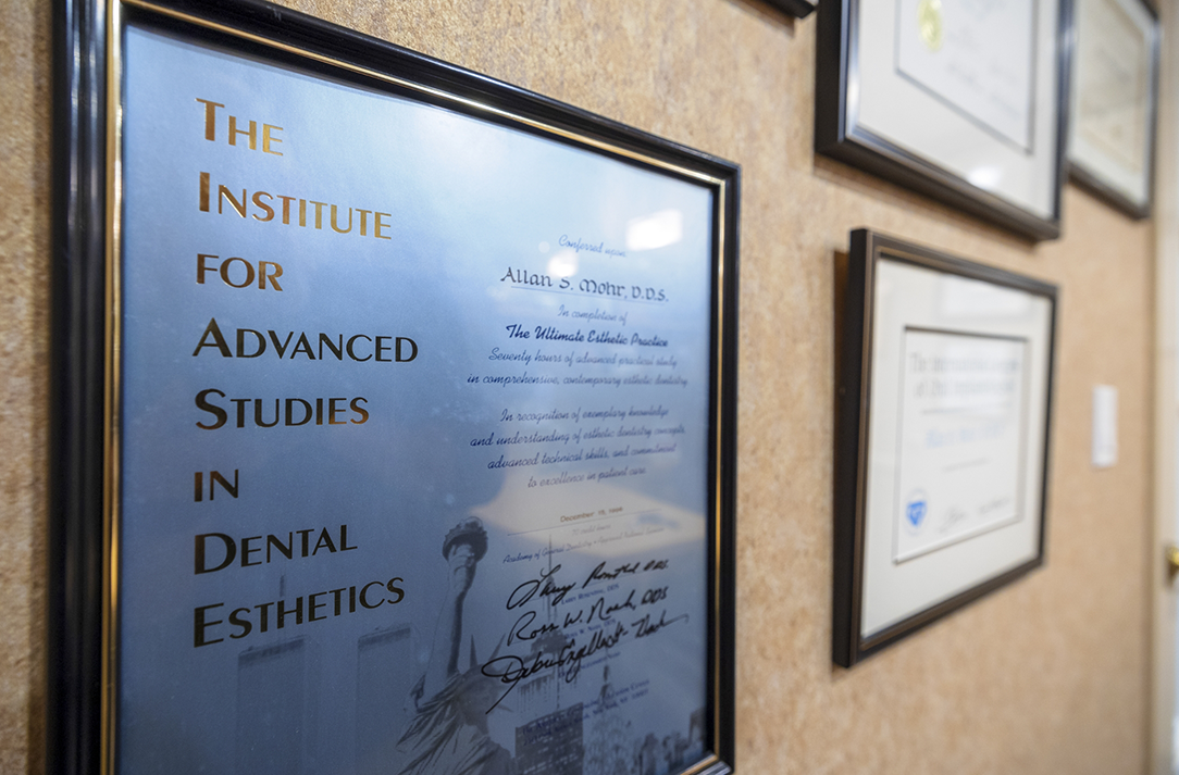Framed certificate for Doctor Allan Mohr from the Institute for Advanced Studies in Dental Esthetics